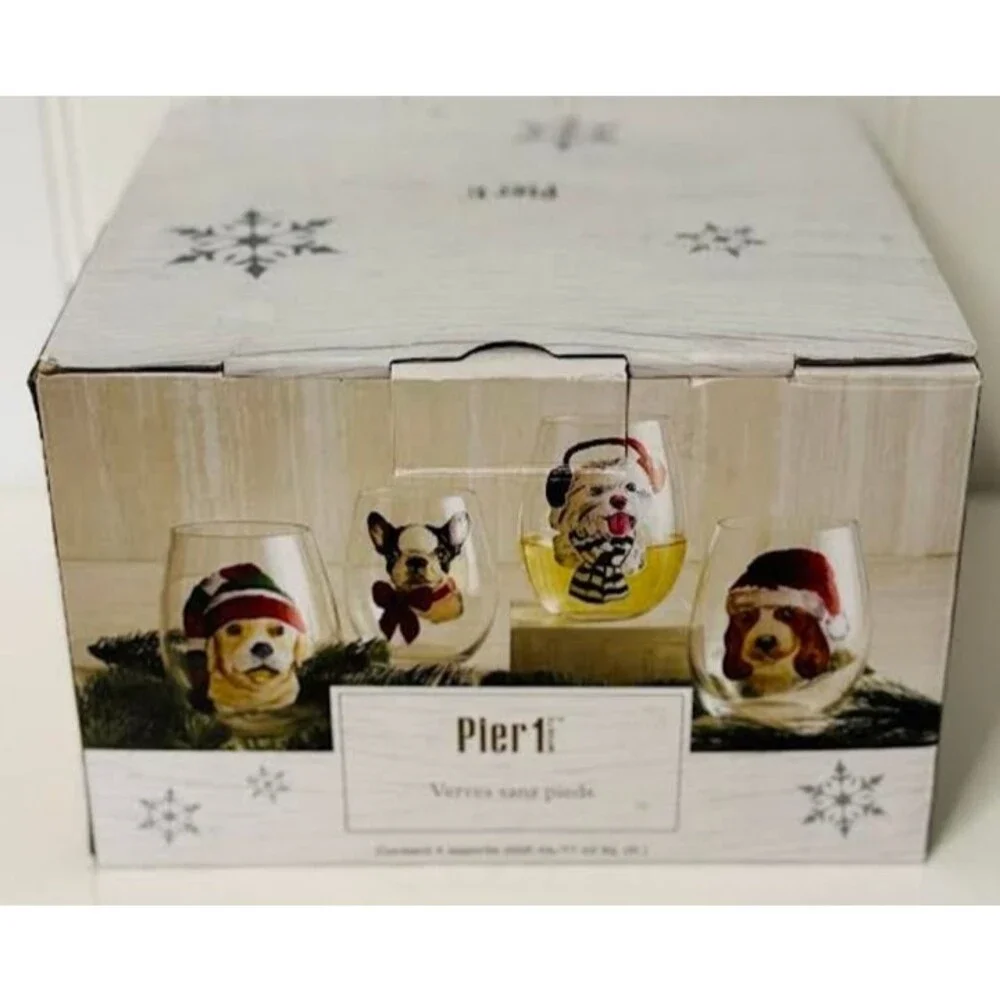 Pier 1 Set Of 4 Christmas Holiday Dogs Stemless Wine Glasses Handpainted NEW